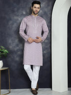 Men's Sequins Embroidered Kurta With Pyjama ( JOKP P 5044Purple )