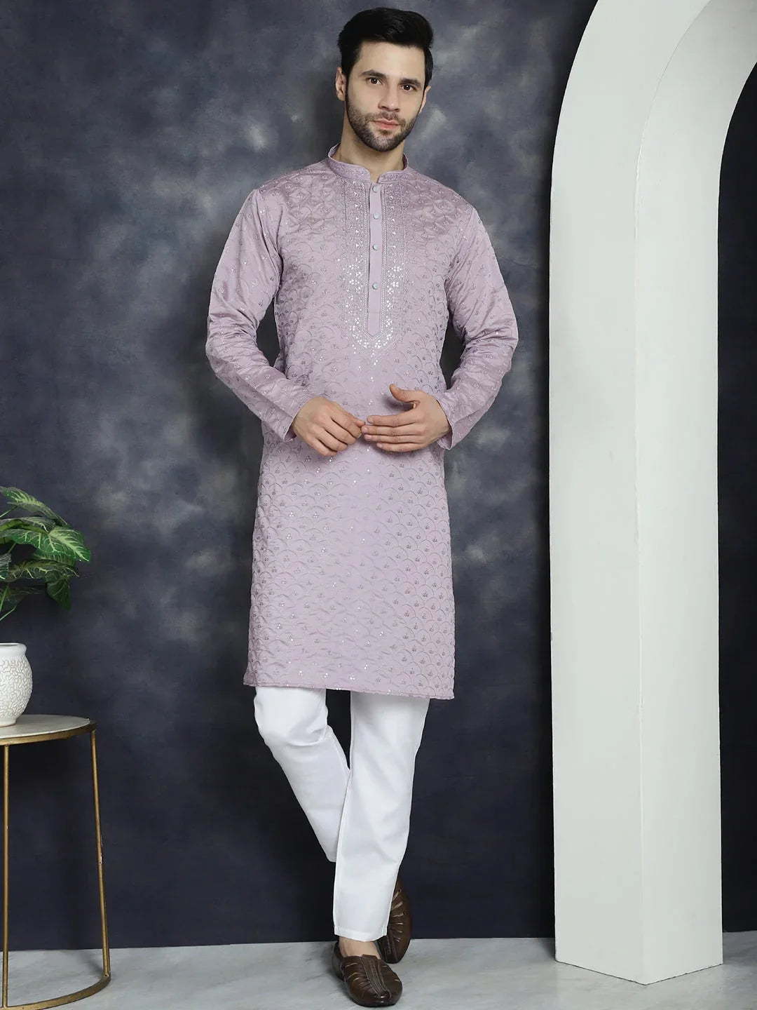 Men's Sequins Embroidered Kurta With Pyjama ( JOKP P 5044Purple )