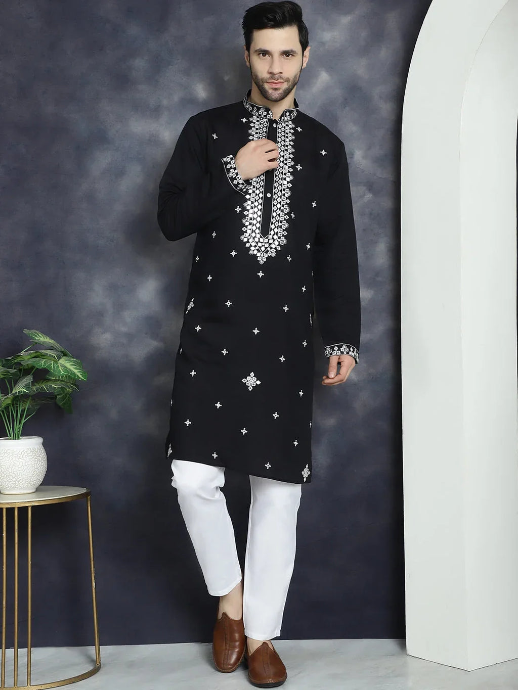 Men's Embroidered Kurta With Pyjama ( JOKP P 5045Black )