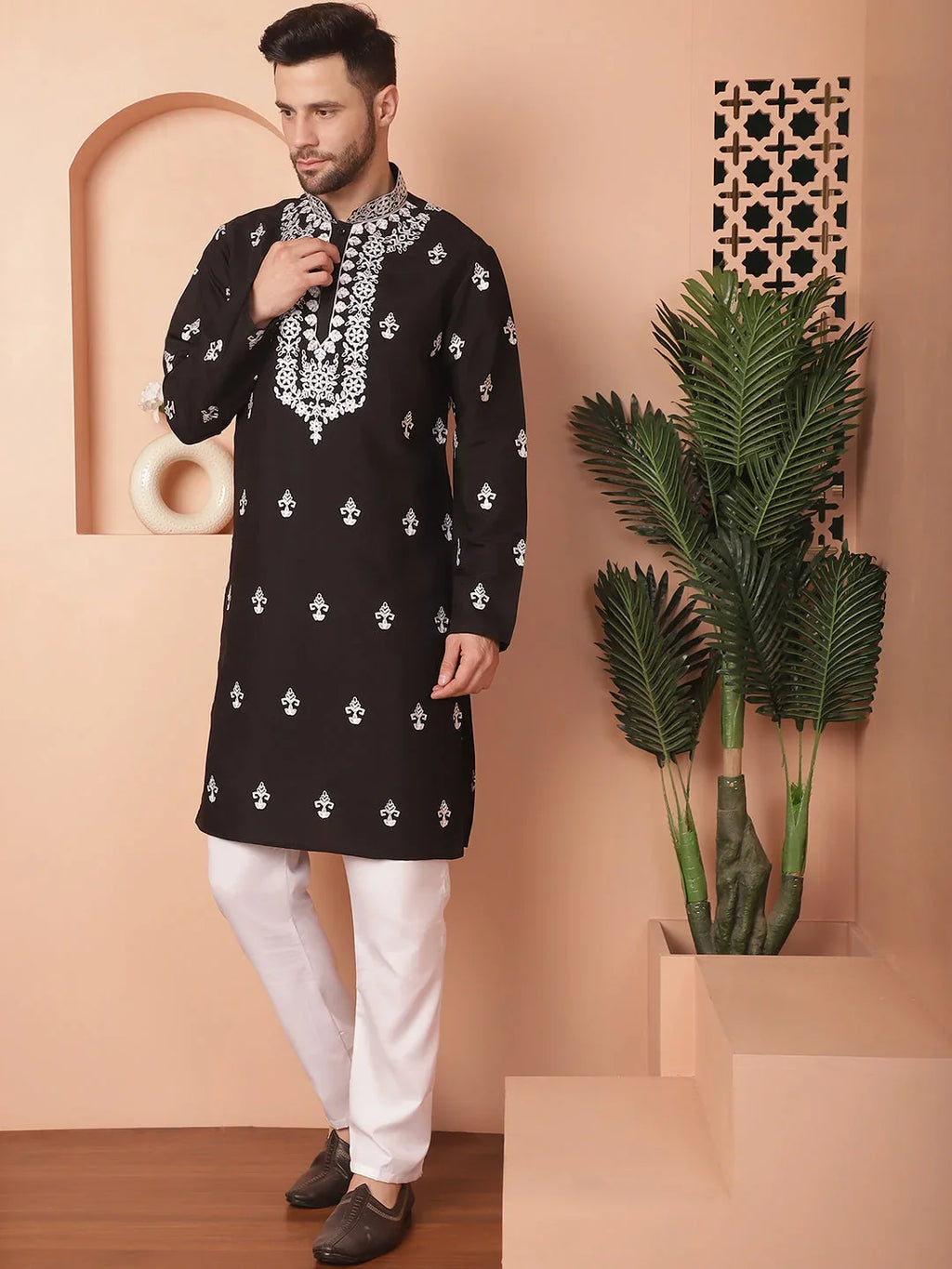 Men's Black Chikankari Embroidered Kurta With Pyjama-JOKP-P