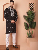 Men's Black Chikankari Embroidered Kurta With Pyjama-JOKP-P