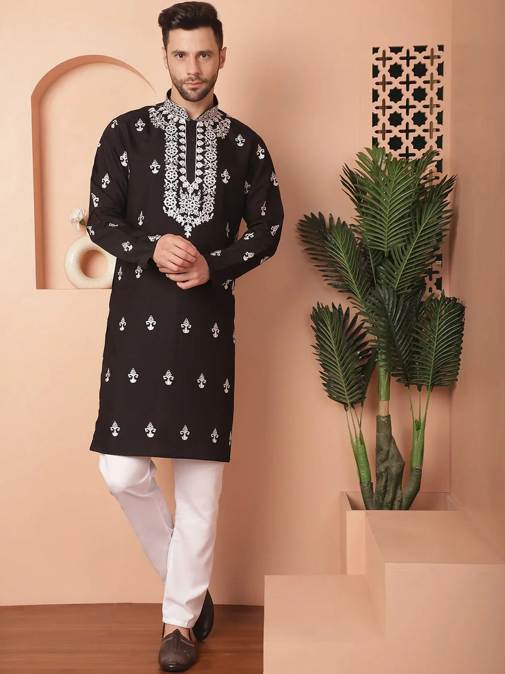 Men's Black Chikankari Embroidered Kurta With Pyjama-JOKP-P