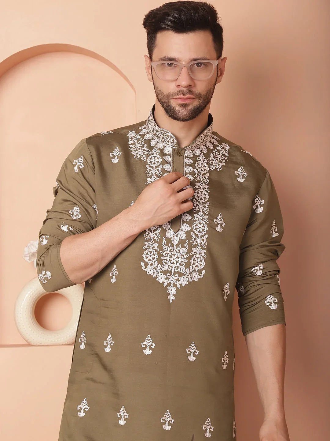 Men's Olive Chikankari Embroidered Kurta Fit With Pyjama-JOKP-P