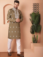 Men's Olive Chikankari Embroidered Kurta Fit With Pyjama-JOKP-P