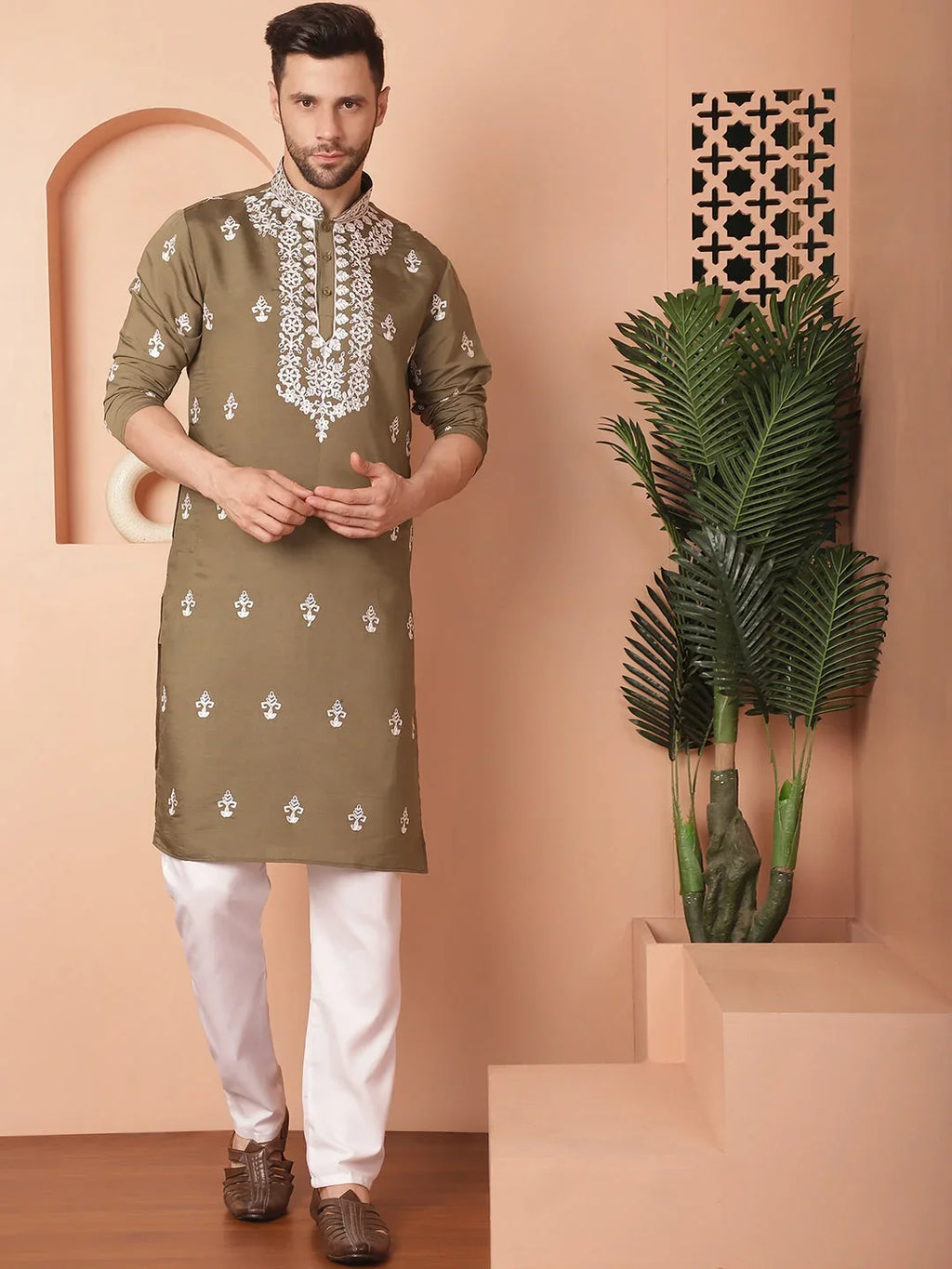 Men's Olive Chikankari Embroidered Kurta Fit With Pyjama-JOKP-P