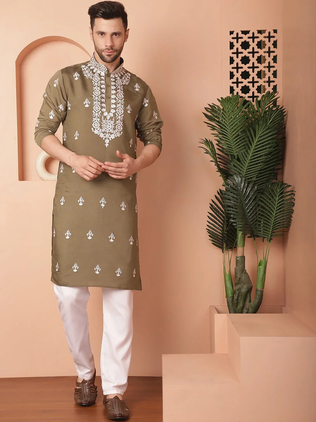 Men's Olive Chikankari Embroidered Kurta Fit With Pyjama-JOKP-P