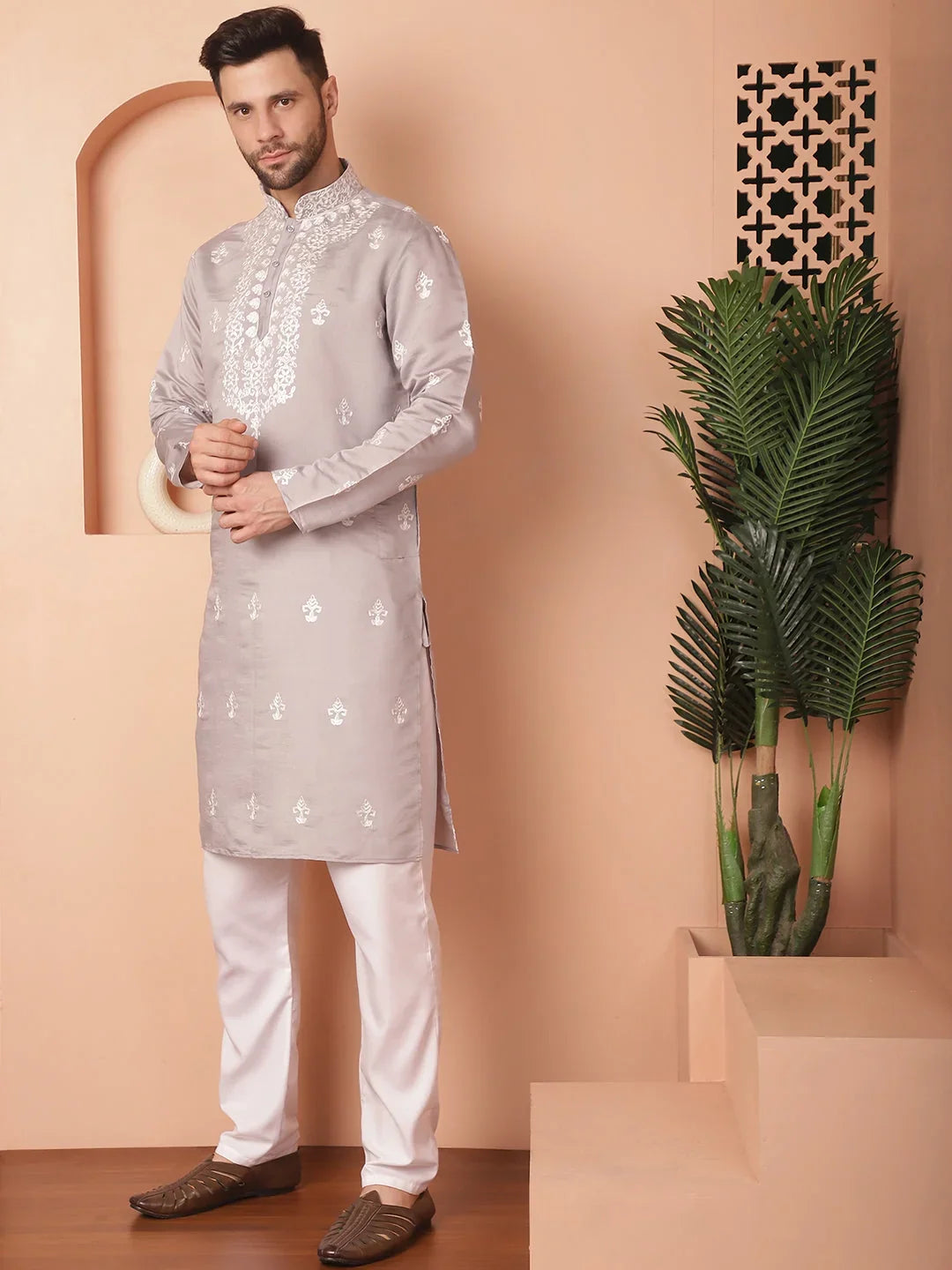 Men's Grey Chikankari Embroidered Kurta With Pyjama-JOKP-P