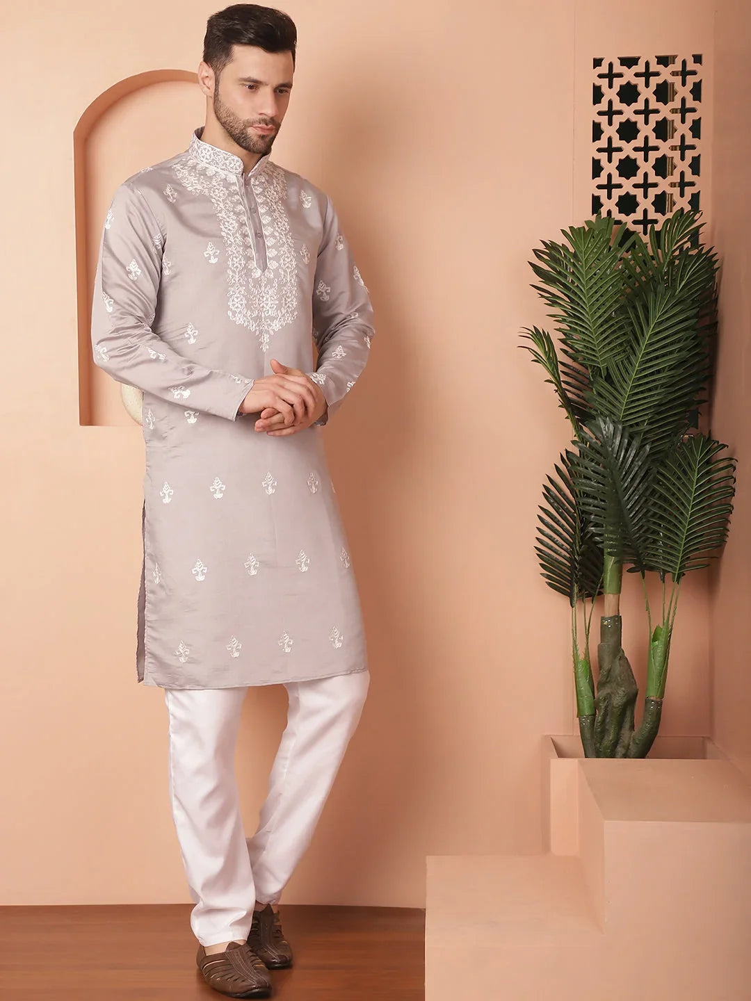Men's Grey Chikankari Embroidered Kurta With Pyjama-JOKP-P