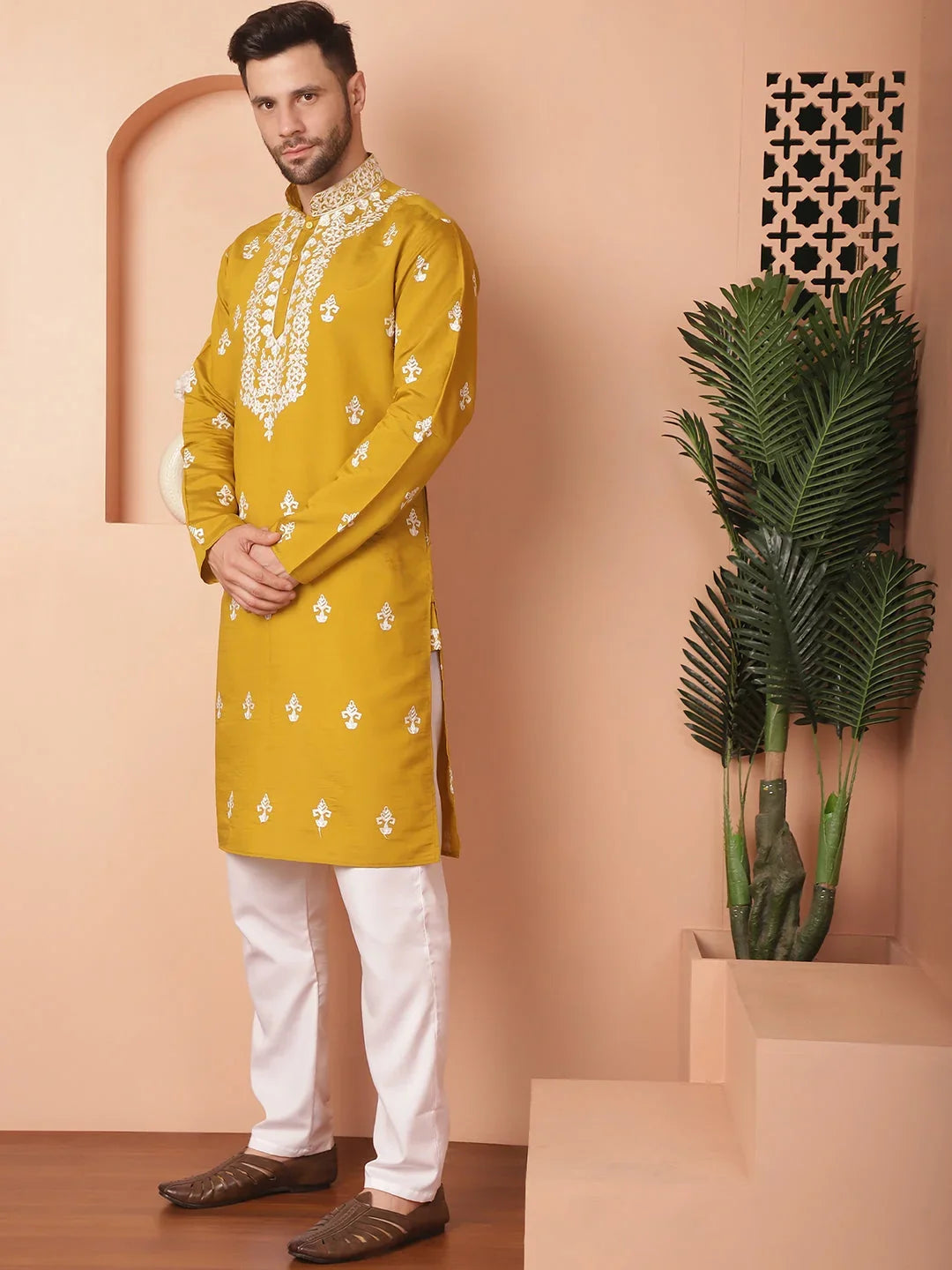 Men's Mustard Chikankari Embroidered Kurta With Pyjama-JOKP-P
