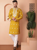 Men's Mustard Chikankari Embroidered Kurta With Pyjama-JOKP-P