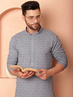 Men's Grey Embroidered and Sequence Kurta with Pyjama-JOKP-P