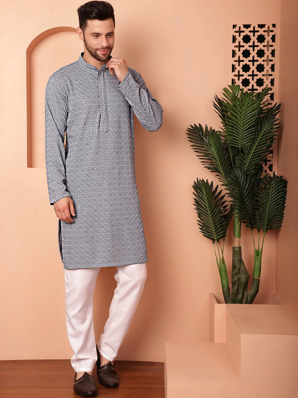 Men's Grey Embroidered and Sequence Kurta with Pyjama-JOKP-P