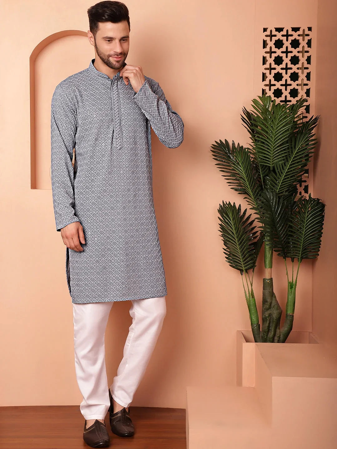 Men's Grey Embroidered and Sequence Kurta with Pyjama-JOKP-P