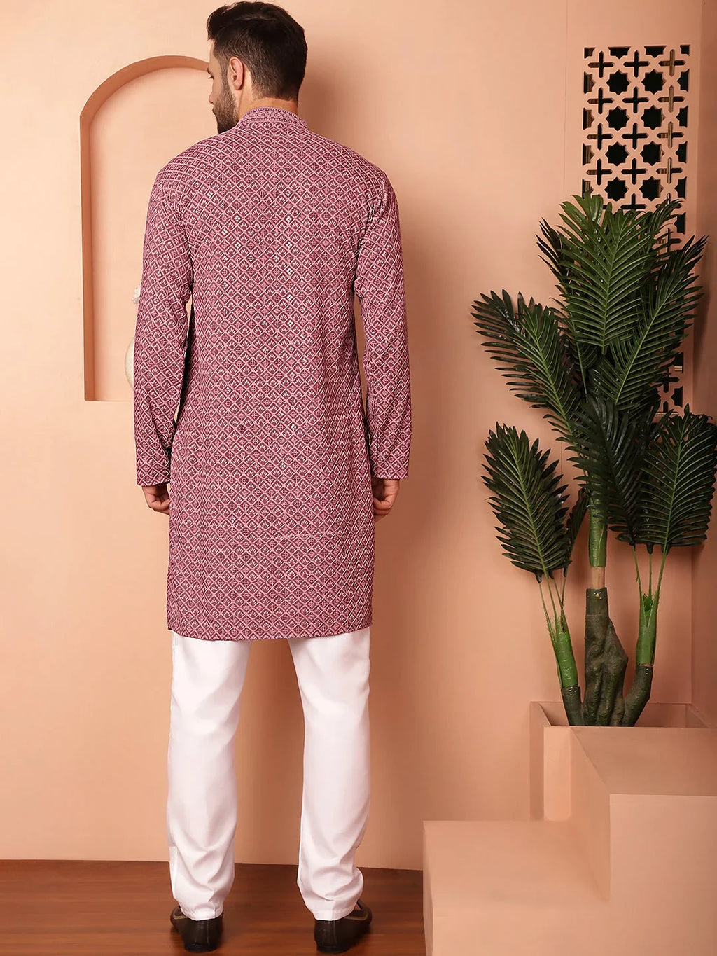 Men's Magenta Fit Embroidered and Sequence Kurta with Pyjama-JOKP-P