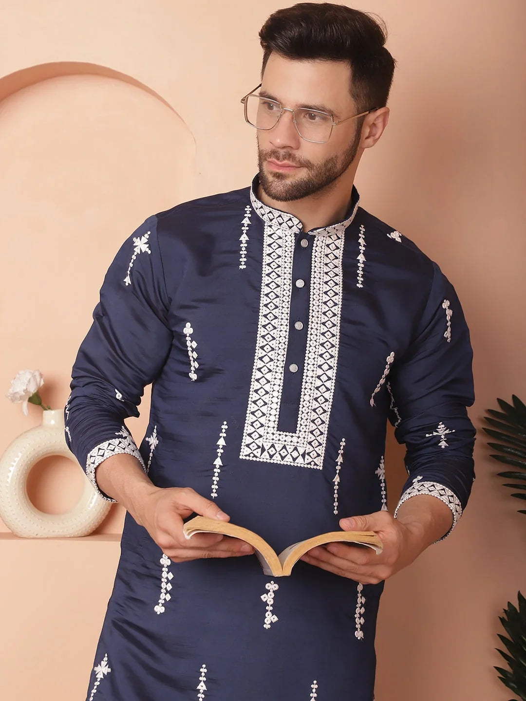 Men's Collar Chikankari Embroidered Fit Kurta With Pyjama-JOKP-P