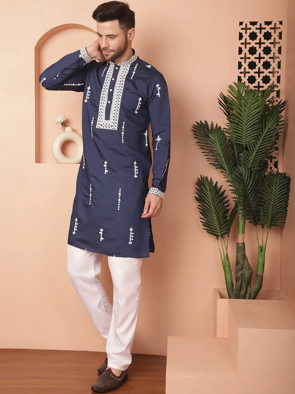 Men's Collar Chikankari Embroidered Fit Kurta With Pyjama-JOKP-P