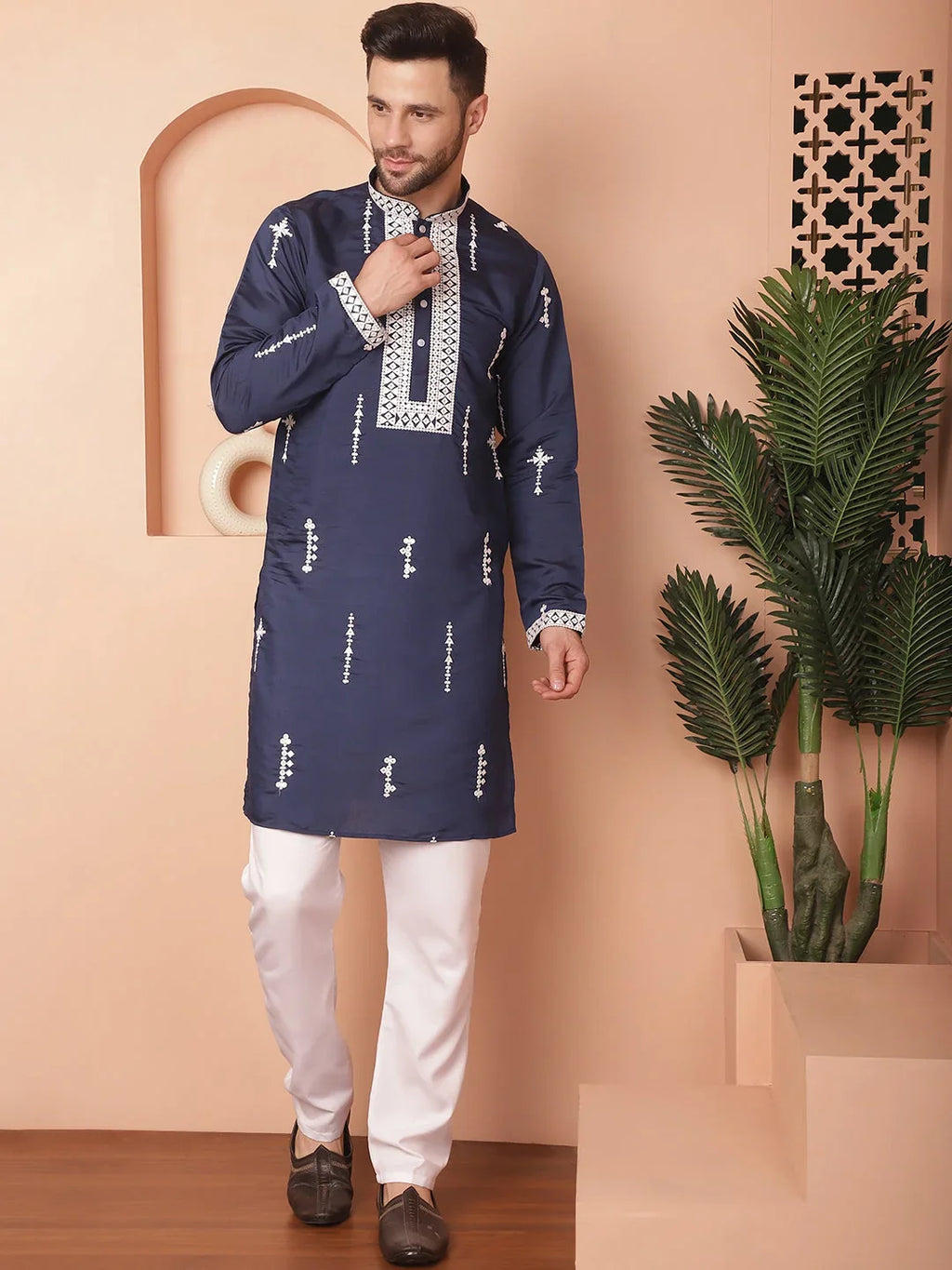 Men's Collar Chikankari Embroidered Fit Kurta With Pyjama-JOKP-P