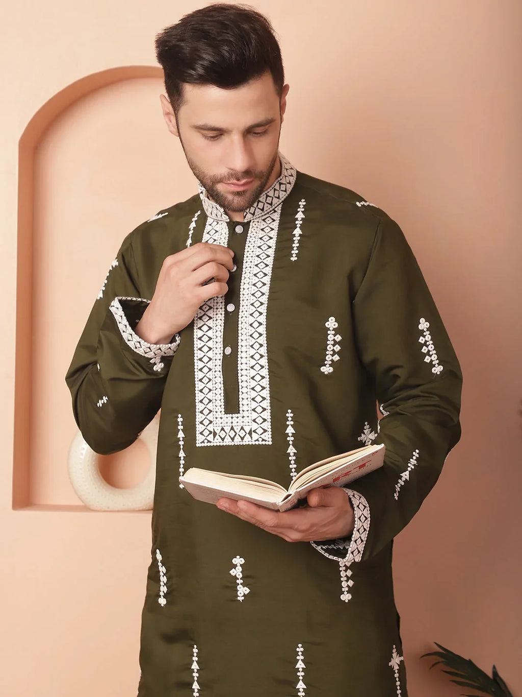 Men's Collar Fit Chikankari Embroidered Kurta With Pyjama-JOKP-P