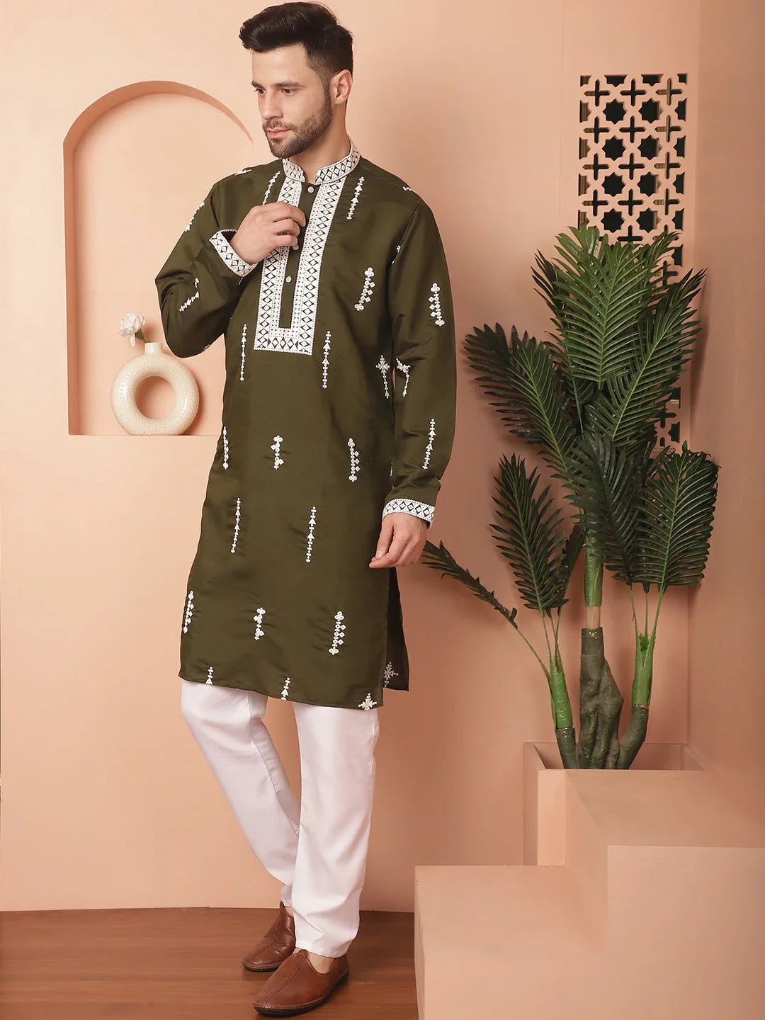 Green Cotton Solid Indian Wear JOKP_P_5053Olive | DesiQlo