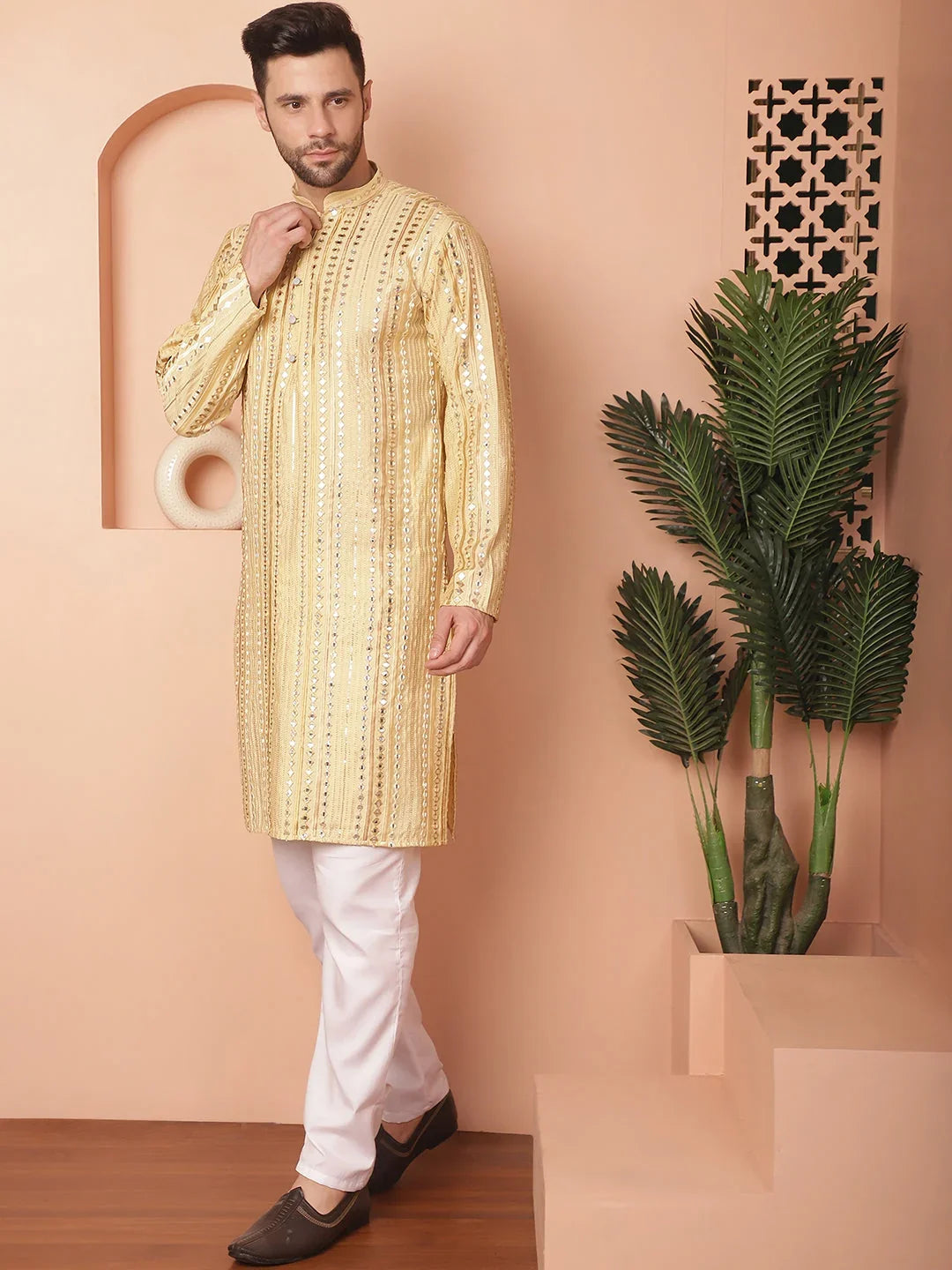 Men's Solid Mirror Work Kurta Payjama Sets-JOKP-P