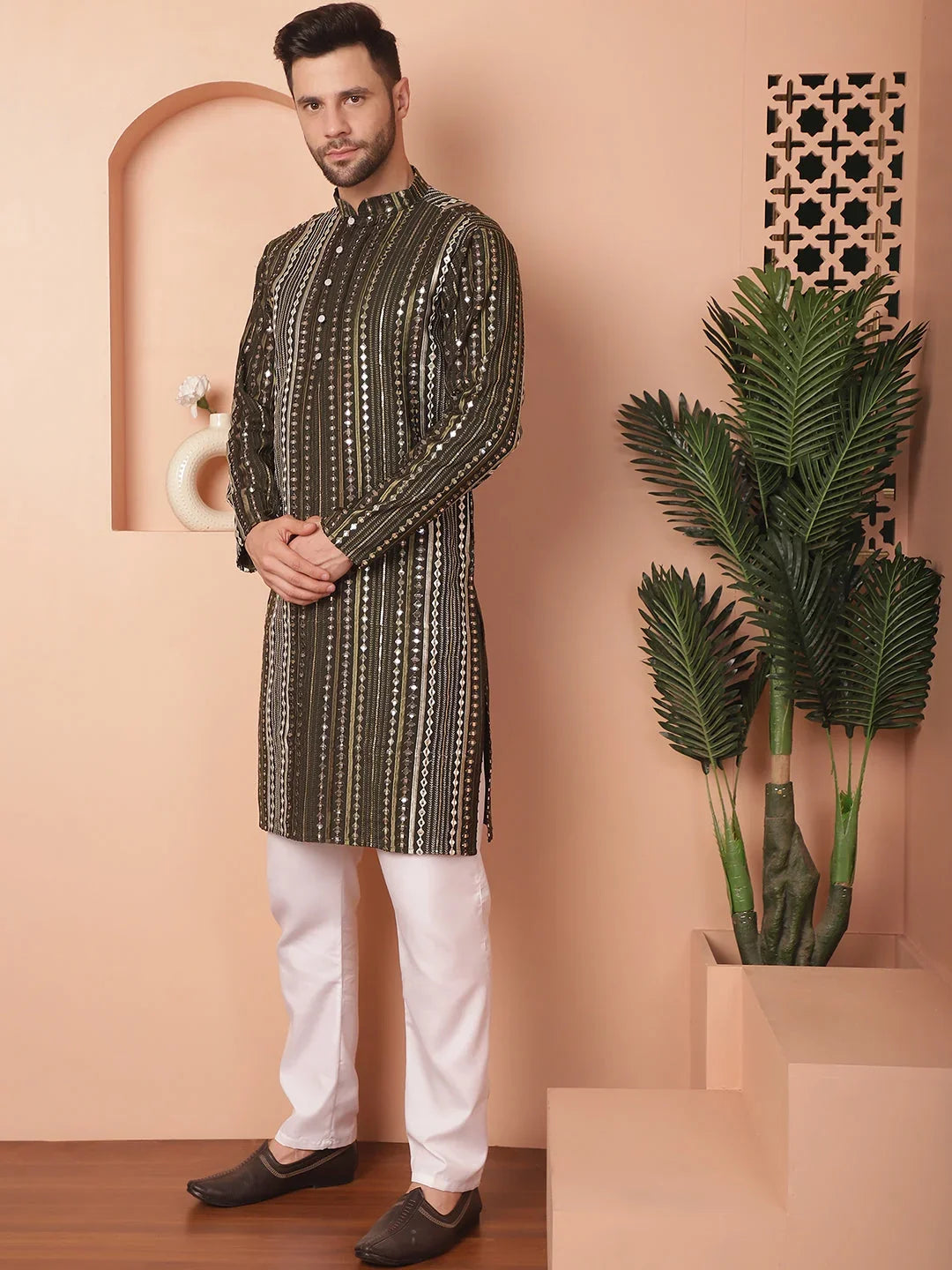Men's Mirror Work Kurta Payjama Solid Sets-JOKP-P