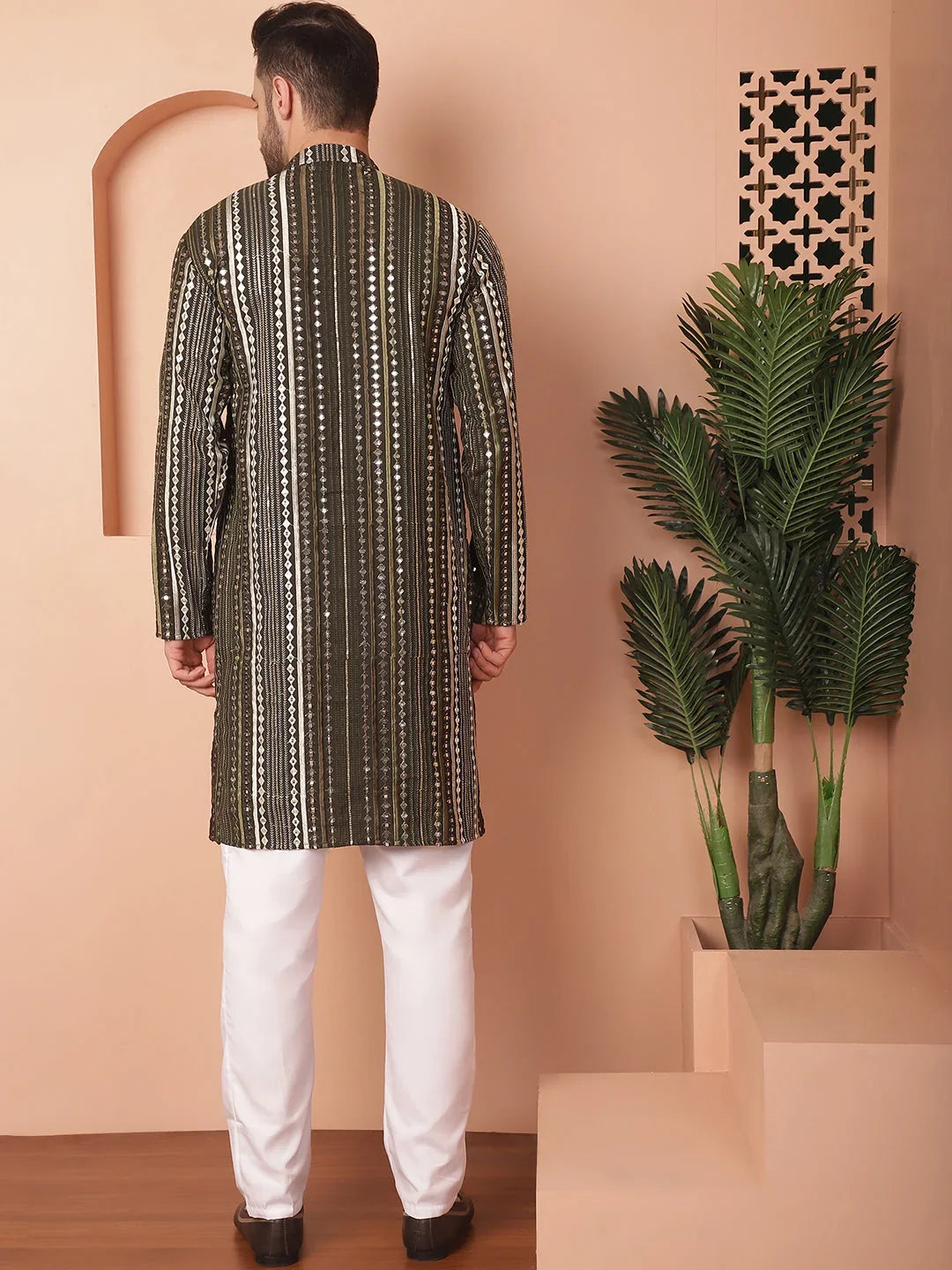 Men's Mirror Work Kurta Payjama Solid Sets-JOKP-P
