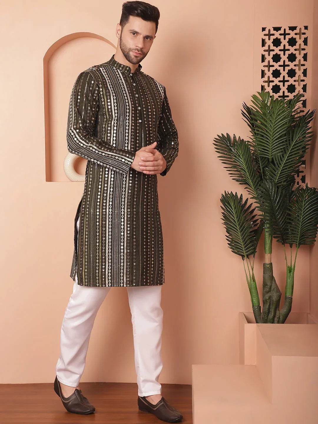 Men's Mirror Work Kurta Payjama Solid Sets-JOKP-P