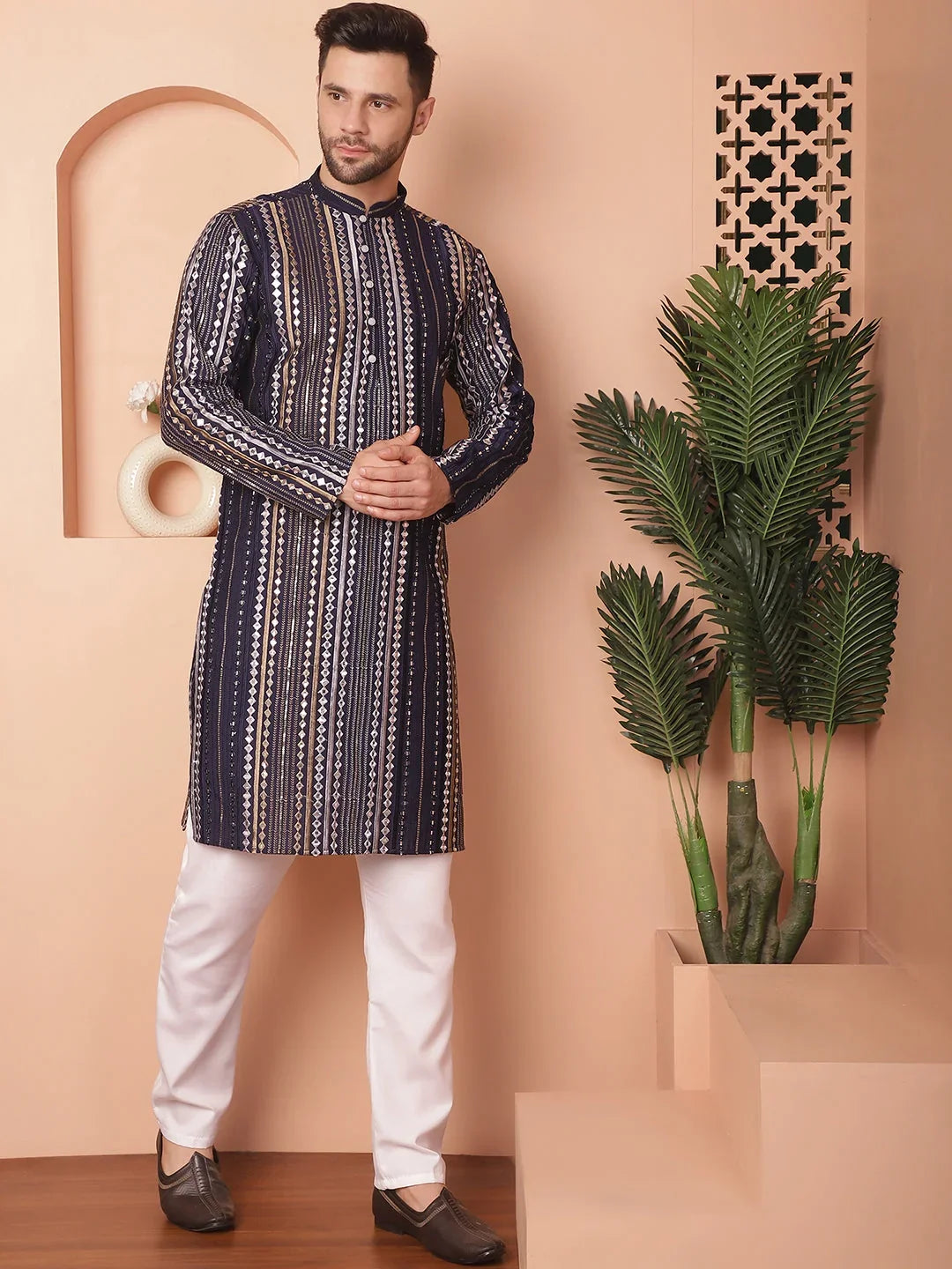 Men's Mirror Quality Work Kurta Payjama Sets-JOKP-P