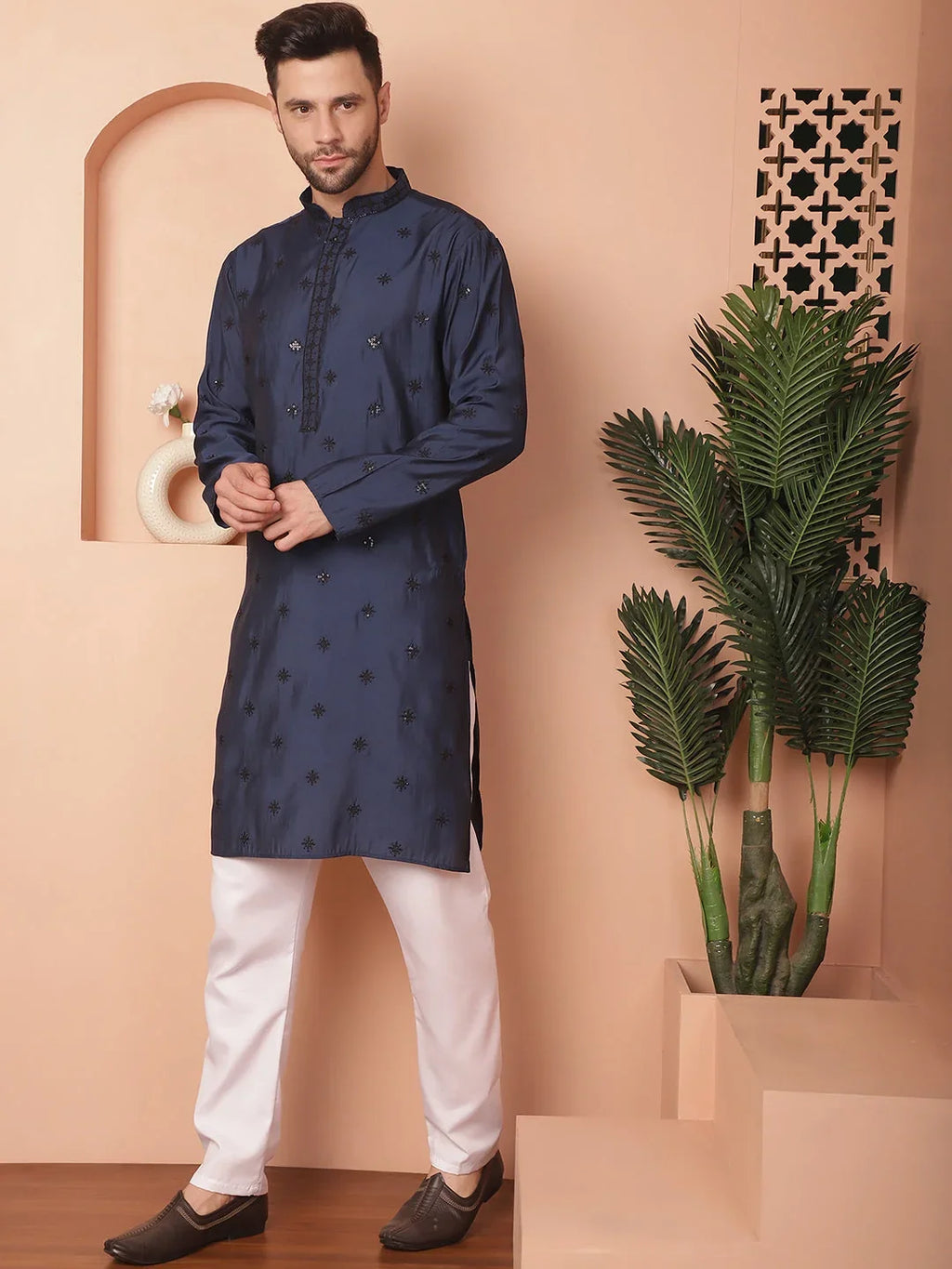 Men's Collar Chikankari Embroidered Kurta Assorted With Pyjama-JOKP-P