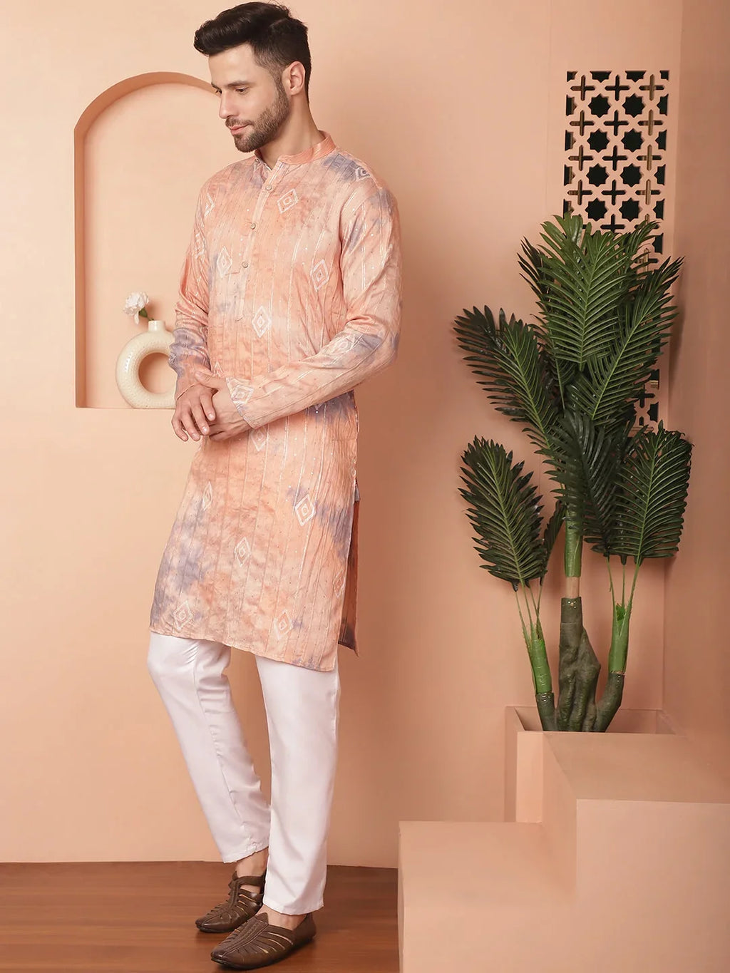 Men's Peach Tei-Dye Printed Kurta Pyjama Set-JOKP-P