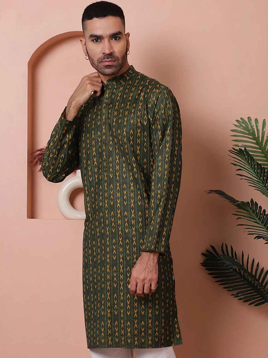 Men Printed Cotton Kurtas-KO-5069Olive