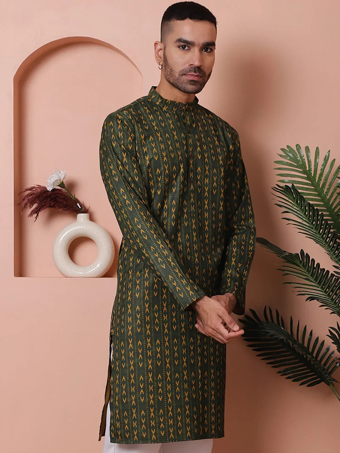 Men Printed Cotton Kurtas-KO-5069Olive