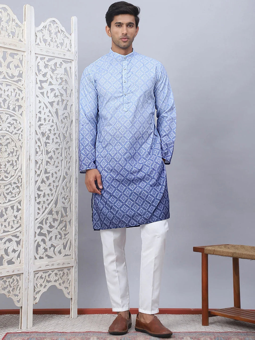 Men's Blue Ombre Printed Kurta Pyjama Set-JOKP-5074Blue