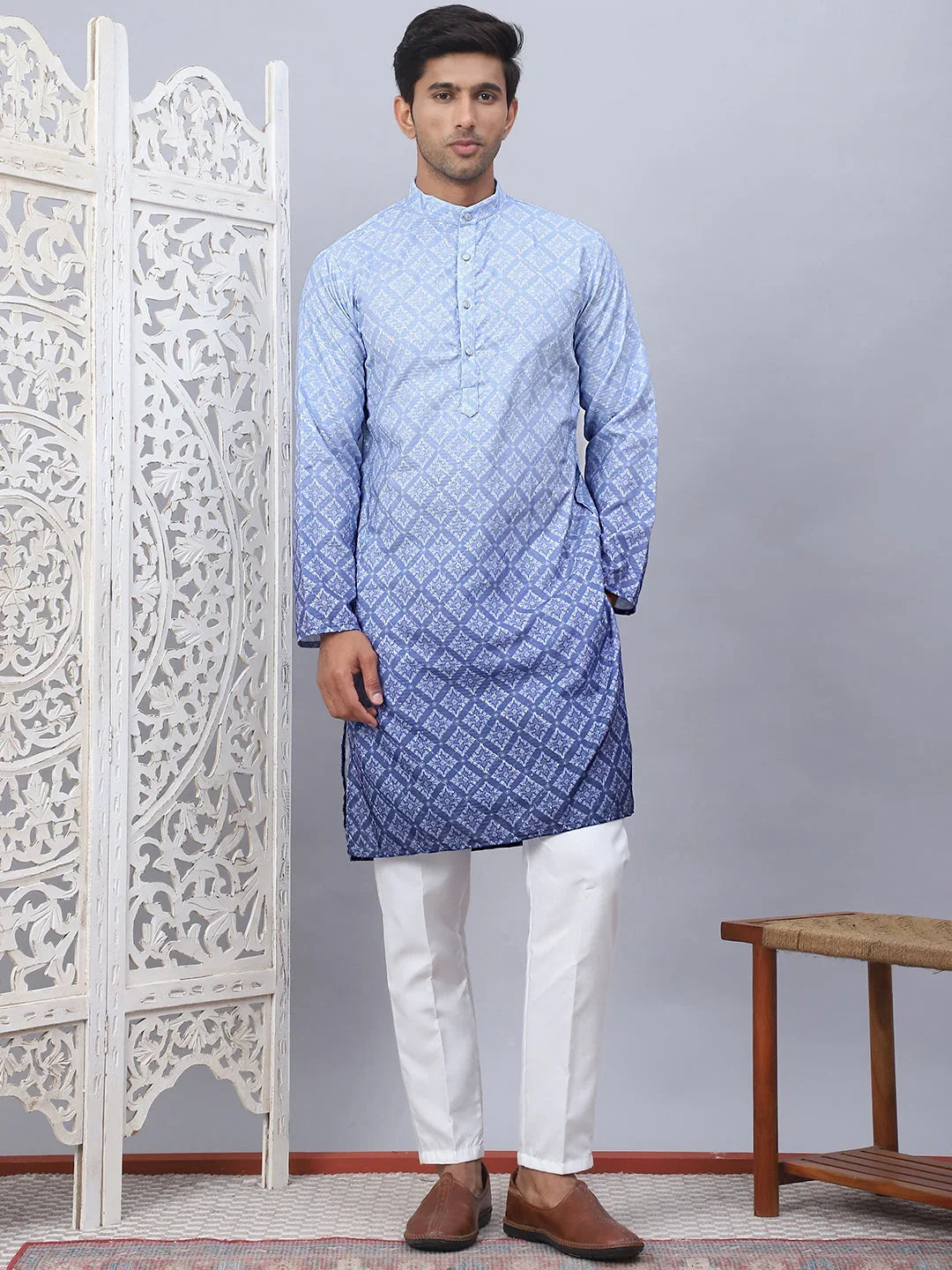 Men's Blue Ombre Printed Kurta Pyjama Set-JOKP-5074Blue
