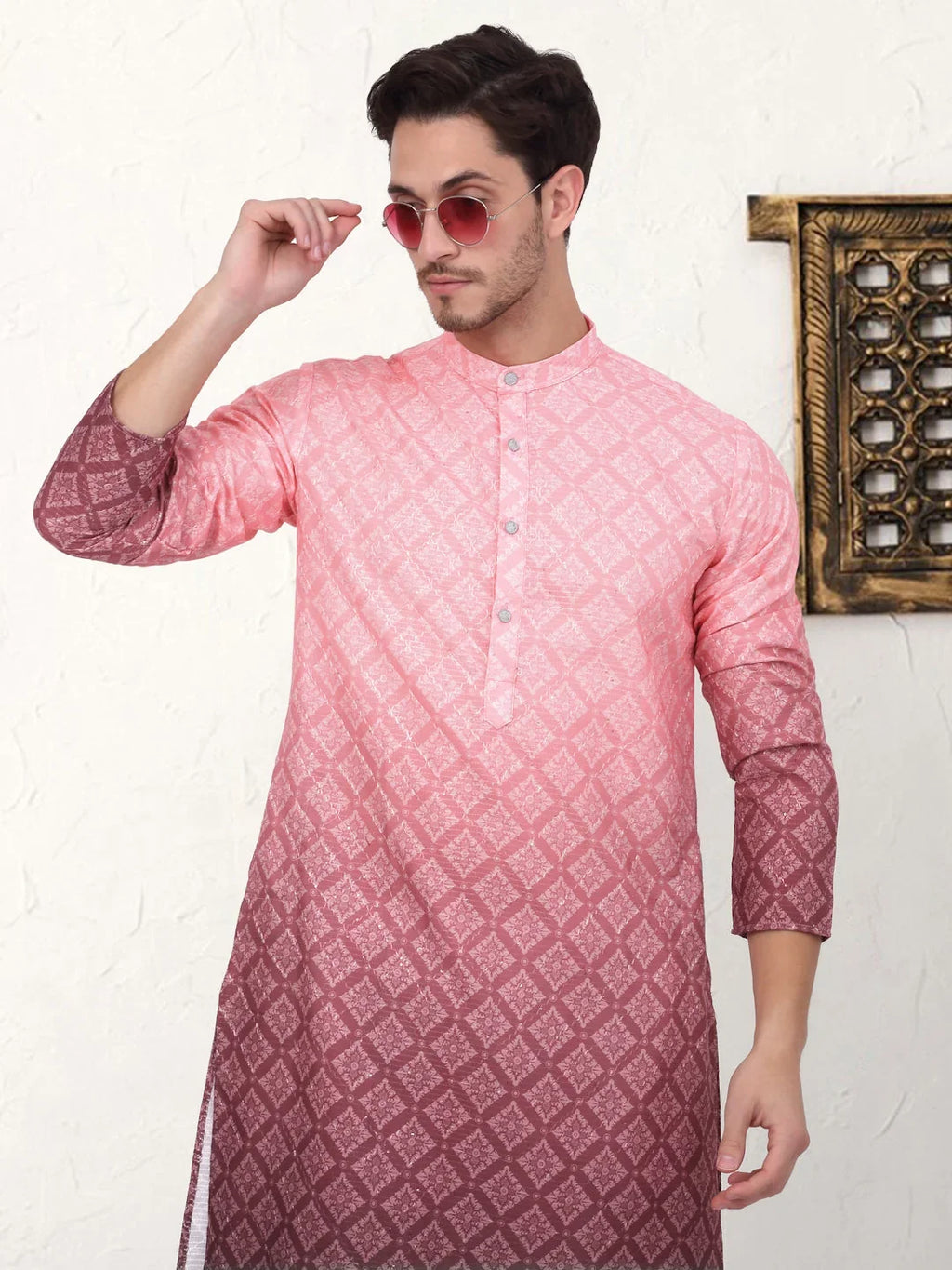 Men's Coral Red Ombre Printed Kurta Pyjama Set-JOKP-P