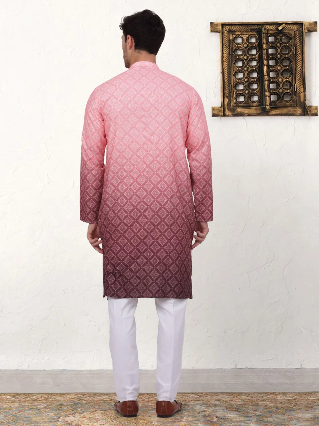 Men's Coral Red Ombre Printed Kurta Pyjama Set-JOKP-P