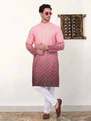 Men's Coral Red Ombre Printed Kurta Pyjama Set-JOKP-P