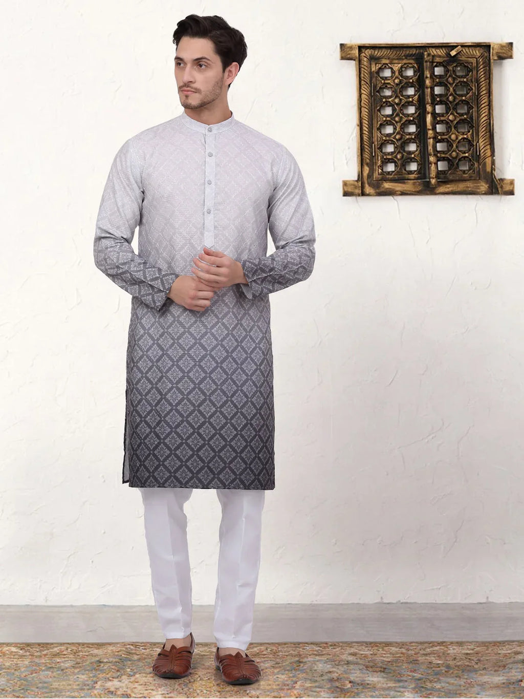 Men's Grey Ombre Printed Kurta Pyjama Set-JOKP-P