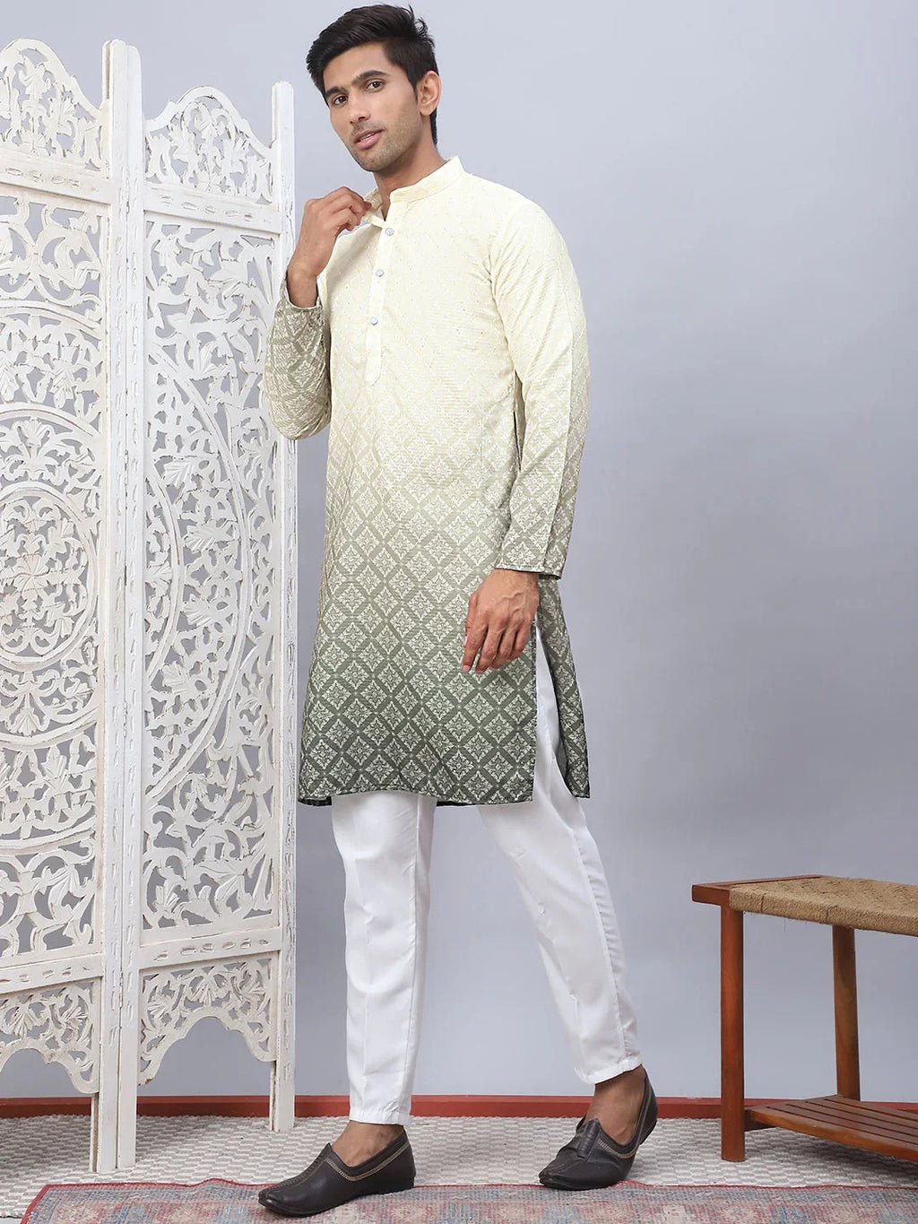Men's Yellow Ombre Printed Kurta Pyjama Set-JOKP-5074Yellow