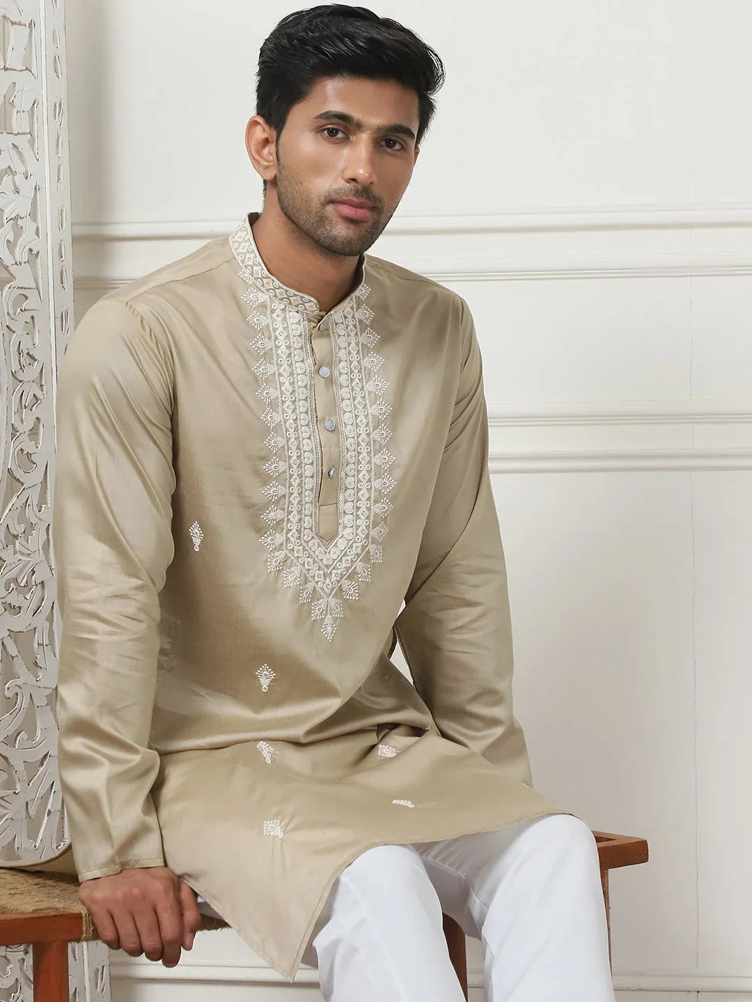 Collar Styled Embroidered & Sequin Kurta With Pyjama-JOKP-P