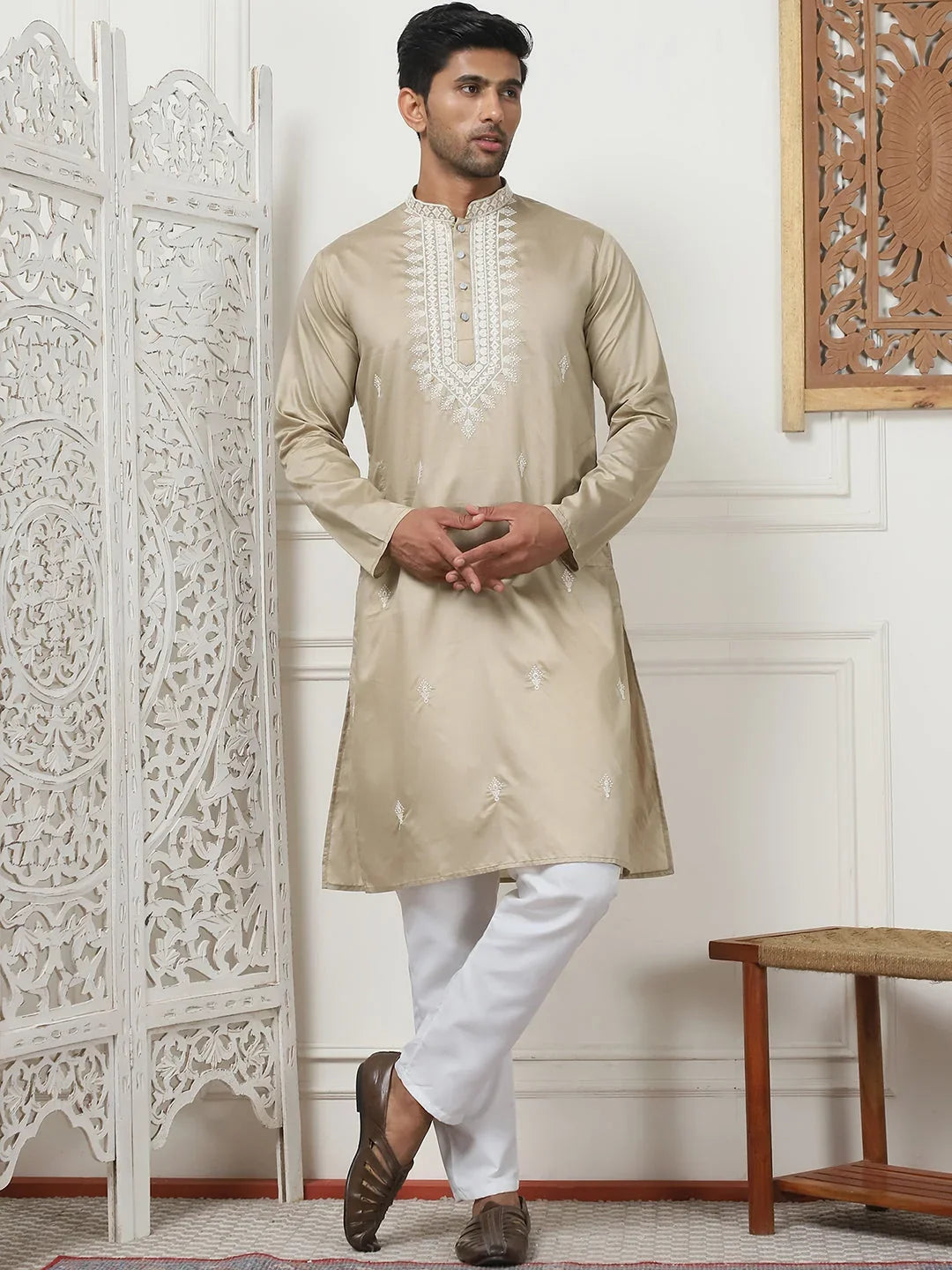 Collar Styled Embroidered & Sequin Kurta With Pyjama-JOKP-P