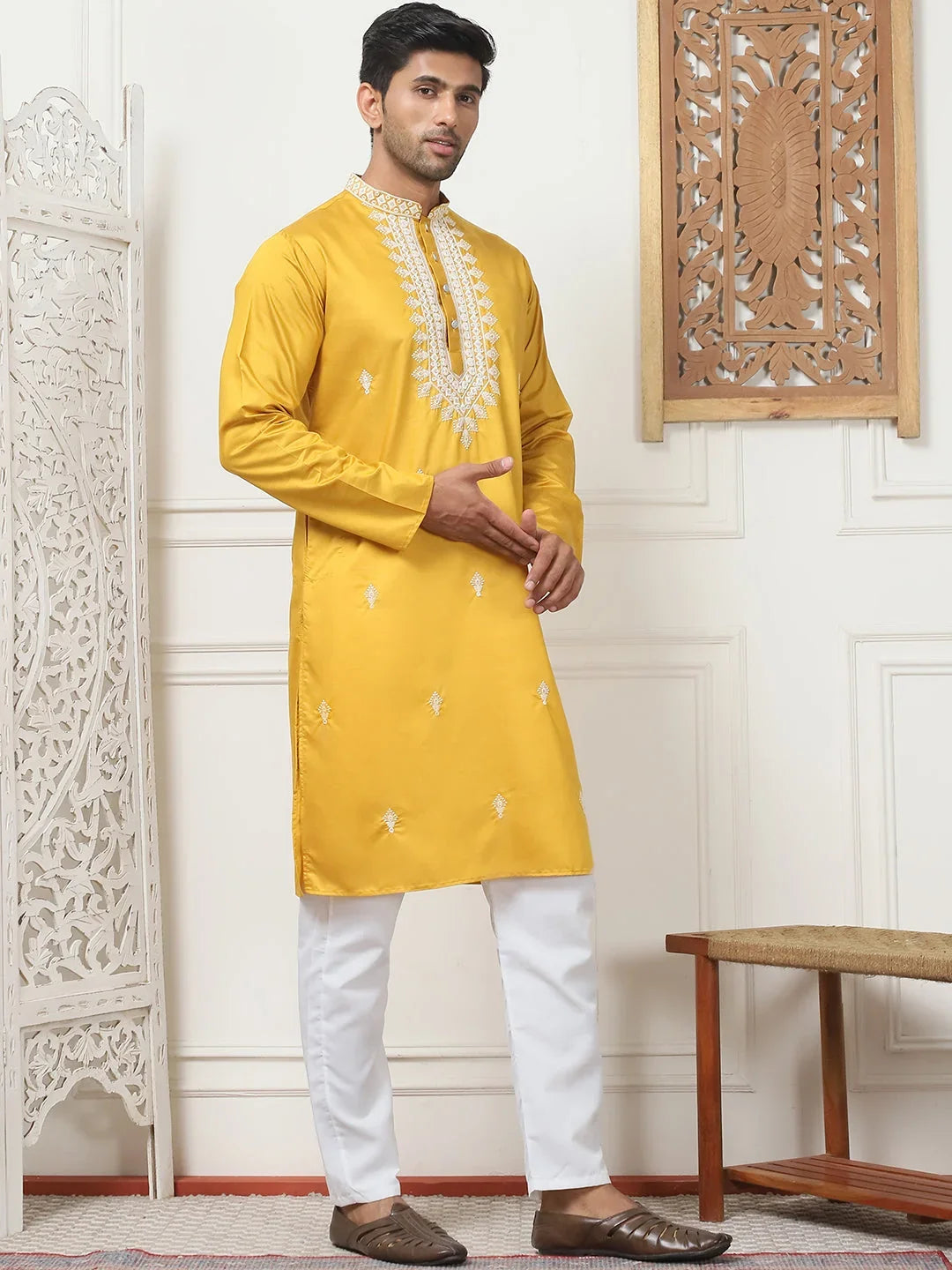 Collar Embroidered & Sequin Kurta With Solid Pyjama-JOKP-P