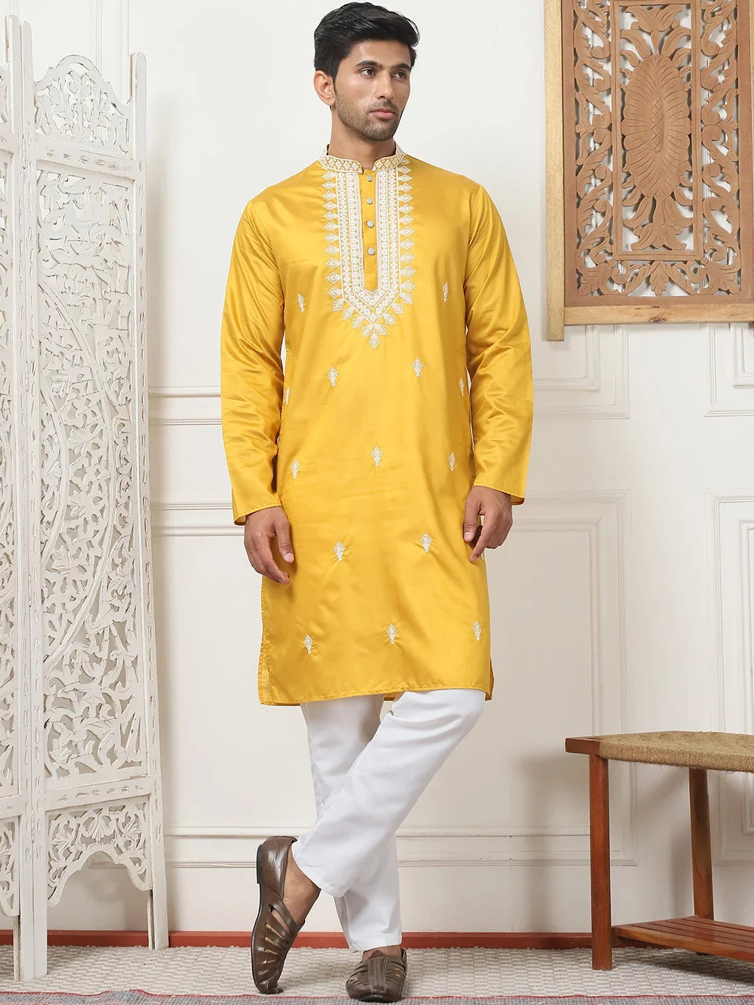 Collar Embroidered & Sequin Kurta With Solid Pyjama-JOKP-P