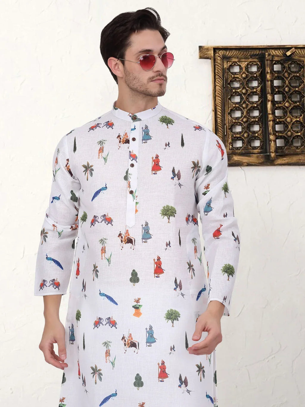 Men's Animal Printed Pure Cotton Straight Kurta Pyjama Set-JOKP-P