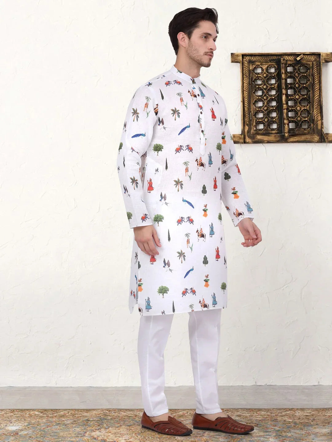 Men's Animal Printed Pure Cotton Straight Kurta Pyjama Set-JOKP-P