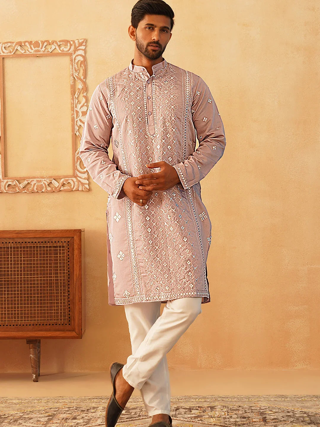 Embroidered & Sequin Cotton Blend Kurta Pyjama Sets-JOKP-P Style