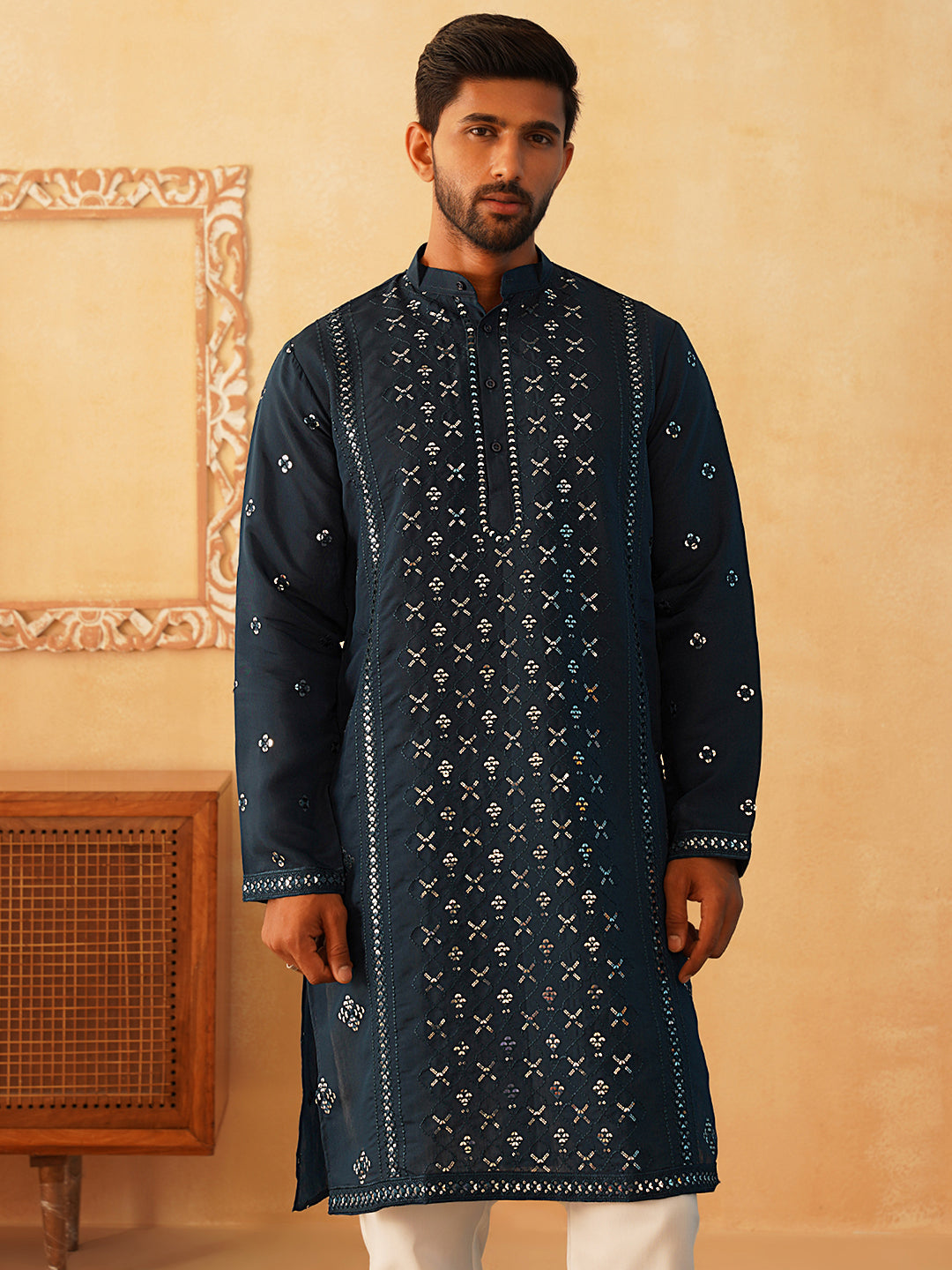 Embroidered & Sequin Cotton Blend Kurtas-KO-5085Peacock