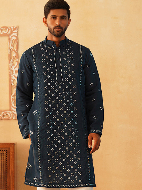 Embroidered & Sequin Cotton Blend Kurtas-KO-5085Peacock