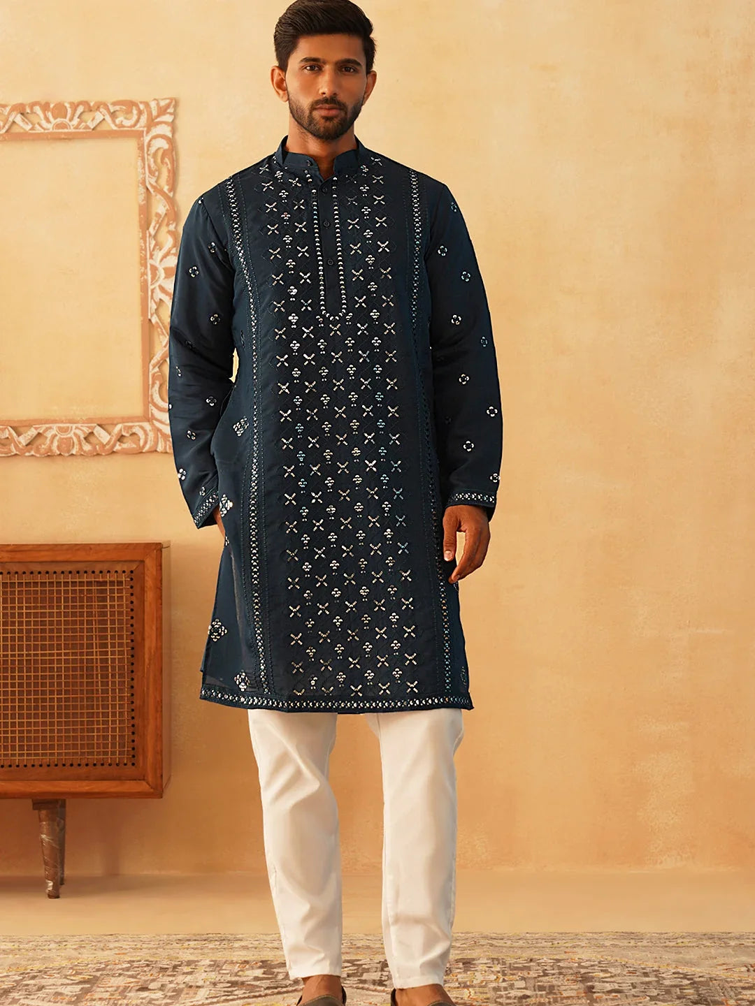 Embroidered & Sequin Cotton Blend Kurta Pyjama Sets-JOKP-Pl