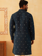 Embroidered & Sequin Cotton Blend Kurtas-KO-5085Peacock
